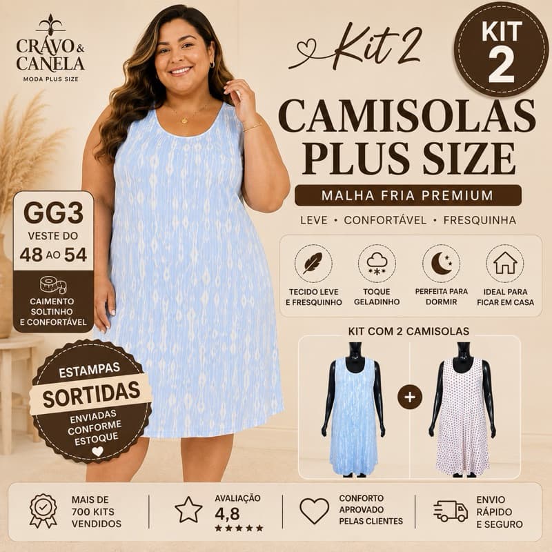 Kit 2 Camisolas Plus Size GG3 Malha Fria Premium Regata Feminina Pijama Estampas Sortidas Veste 48 ao 54