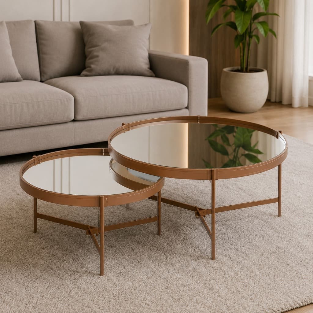Conjunto Mesa Centro Aqua Espelhada Redonda Base Cobre Design Moderno para Sala de EStar - Imcal