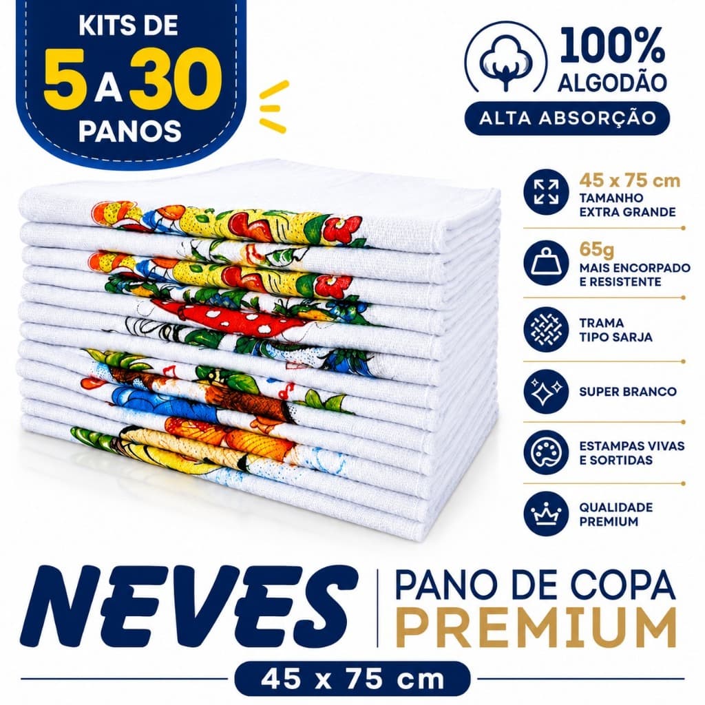 Pano De Prato Branco com Estampas Variadas Premium 45x75cm - Bainha 4 Lados  Paraíba - 100% Algodão - Neves - Zoom Soft
