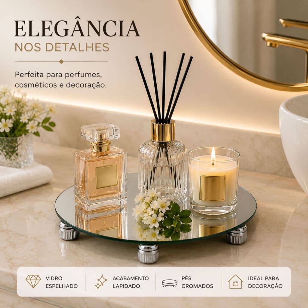 Bandeja Redonda Espelhada 20cm com Pé Cromado | Vidro Lapidado Decorativo