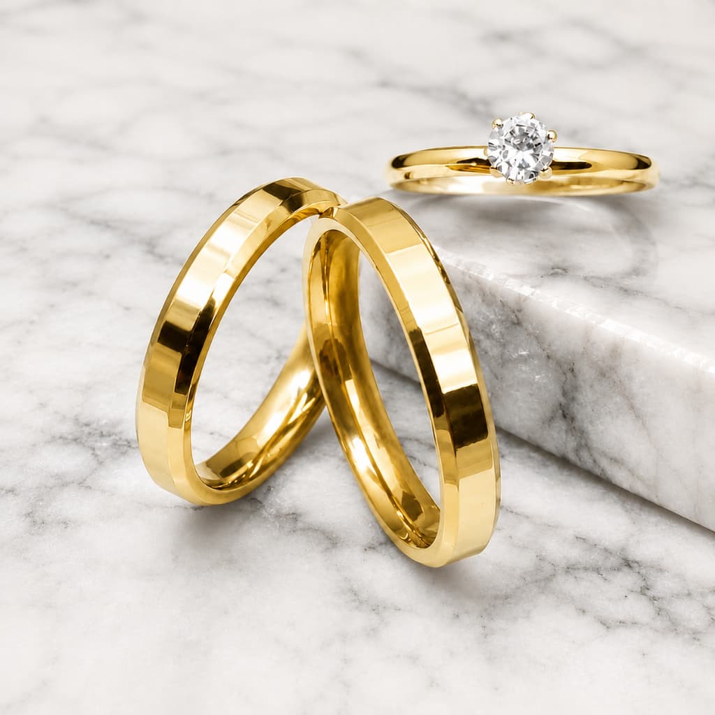 Par Alianças Casamento Noivado Compromisso Solitário Aço Inox 316L Ouro Dourada Chanfrada 4mm Antialérgica Não Escurece