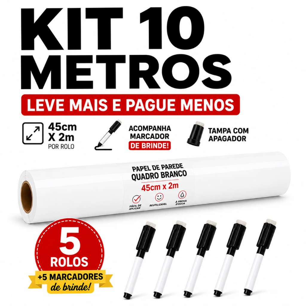 Papel Parede Adesivo Lousa Quadro Branco 45cmX2m Reutilizável Escolas Empresas kit 10 metros