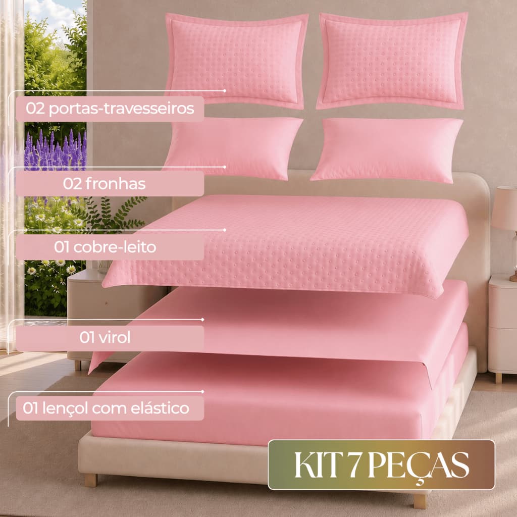 Kit 7 Peças Colcha Cobre Leito Casal Microfibra 400 Fios Colonial Matte Lençol e Fronhas