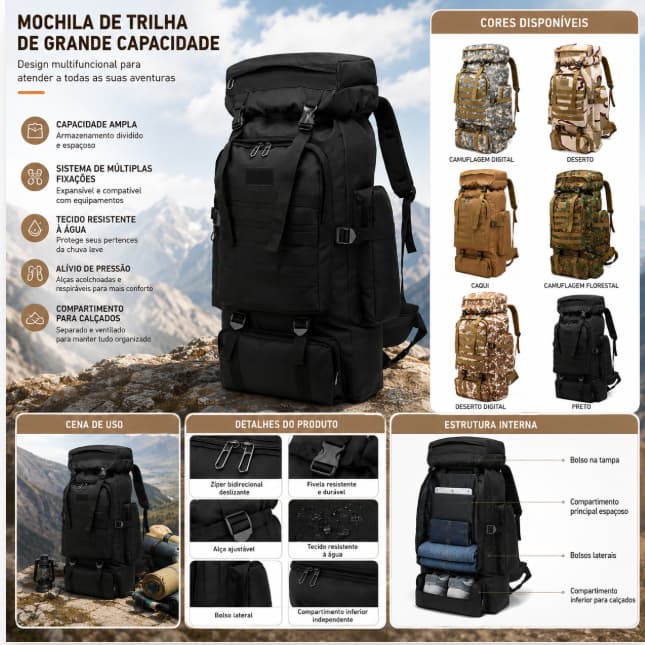 Mochila Cargueira 80L Impermeável para Trilha e Camping