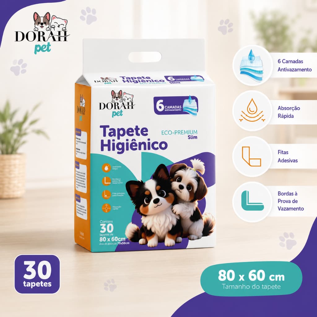 Tapete Higiênico para Cães 80x60cm Tapete Pet Grande 30 Unidades Slim Dorah Pet