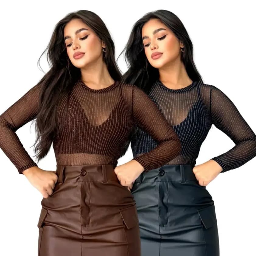 Body Feminino Kit-2 Tule Lurex Listrada Transparência Bori Manga Langa Moda Blogueira