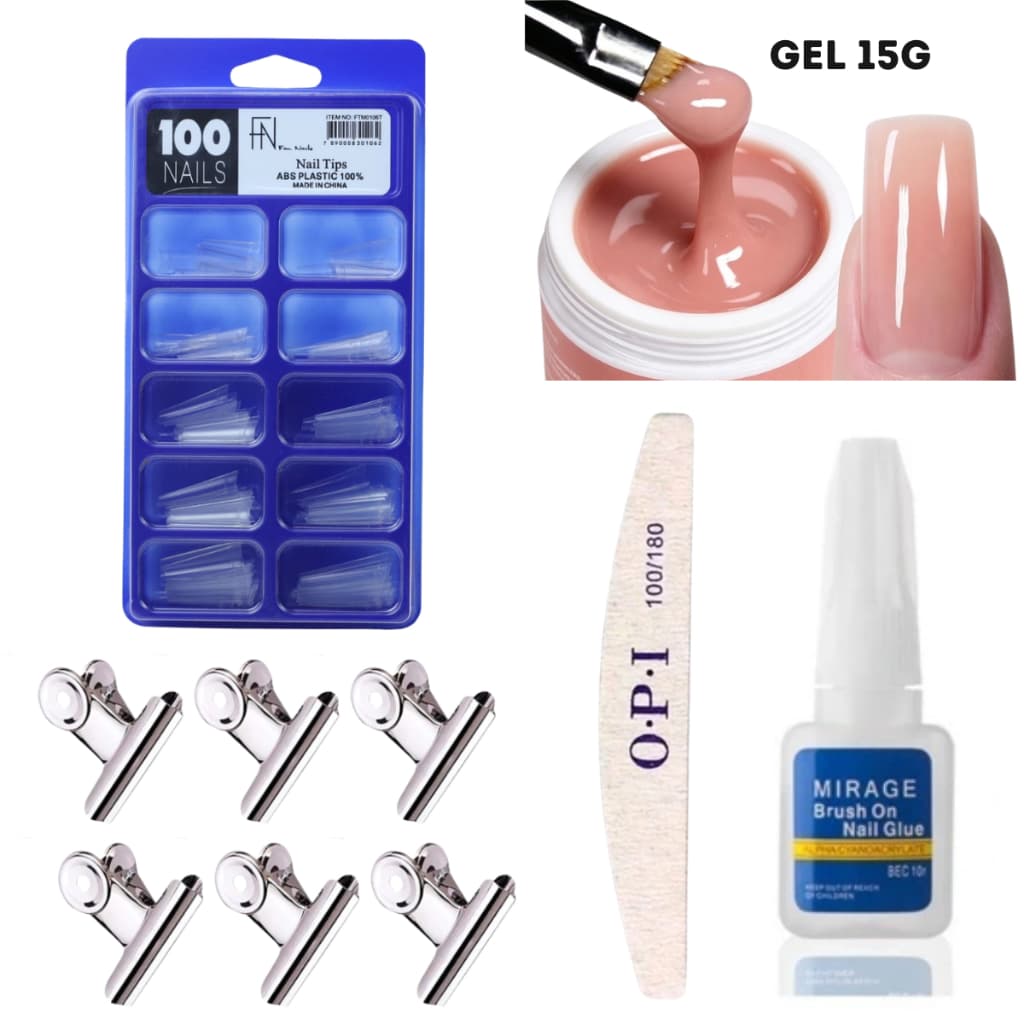 Kit Manicure Alongamento De Unha 100 Tips Postiça Curva C Cola Pincel 1x lixa 100 180 Gel Unha 15ml