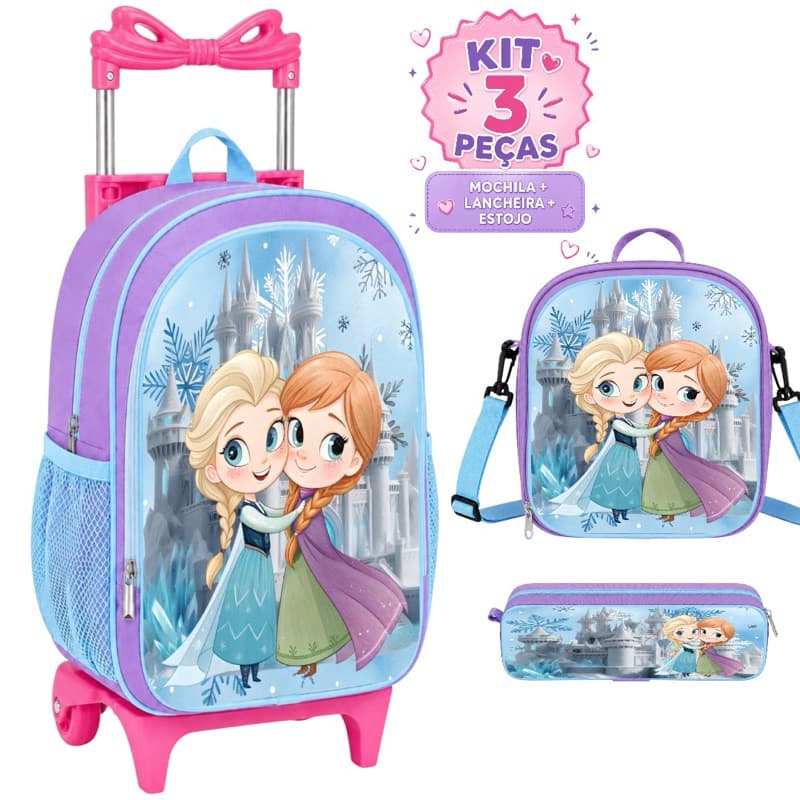Kit Escolar Rodinha Frozen Mochila Forro Interno Lancheira Térmica + Estojo - Resistente - Menina