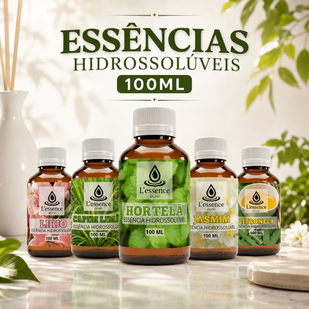 Kit 5 Essências 100ML Refrescância Total – Hortelã, Capim Limão, Citronela, Jasmim e Lirio – Umidificador/Difusor