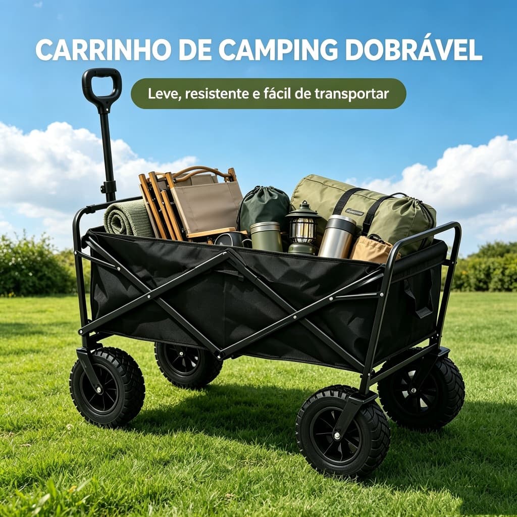 Carrinho Dobrável Multiuso Preto 100kg - Para Camping, Praia, Compras e Pesca com Rodas Resistente e Portátil