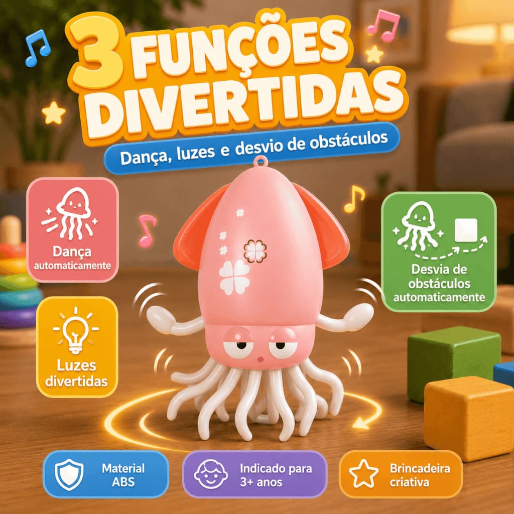 Automatic Dancing Octopus Brinquedo Polvo Musical com Movimento, Luz, Som e Desvio de Obstáculos USB Tipo C
