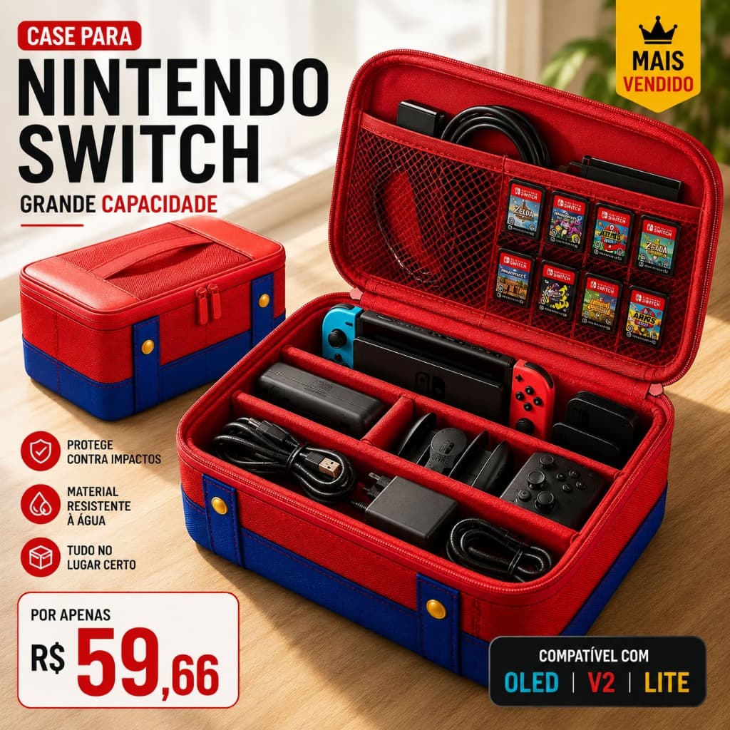 Bolsa Nintendo Switch OLED Case Gamer Estojo Organizador Portátil Compartimentos para Jogos Controles e Acessórios