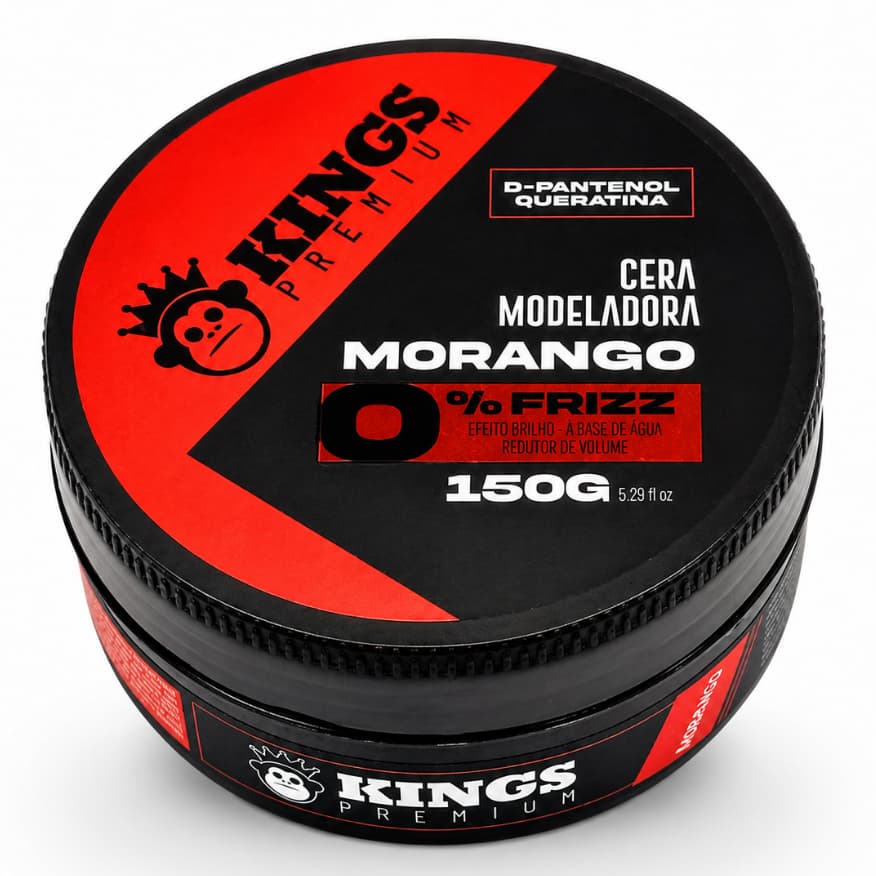Pomada Cera Modeladora para Cabelo Kings Morango Premium 150g Antifrizz com Efeito Brilho Estilo Profissional