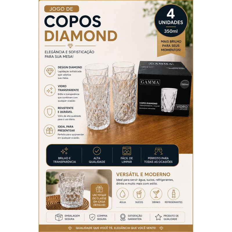 Jogo de Copos Diamond 350ml - 4 Unidades