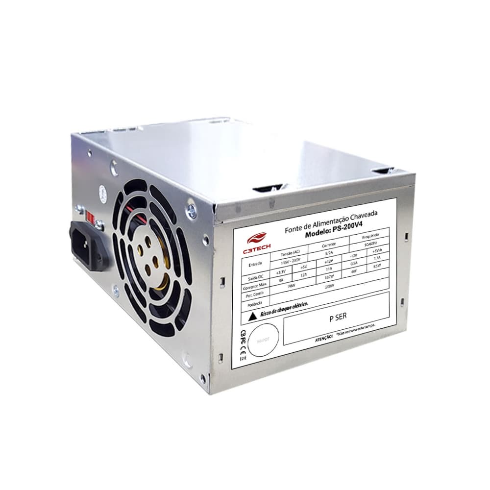 Fonte ATX C3Tech PS-200V4, 200W Reais, 20+4 Pinos, Bivolt Manual, Sem Cabo de Força