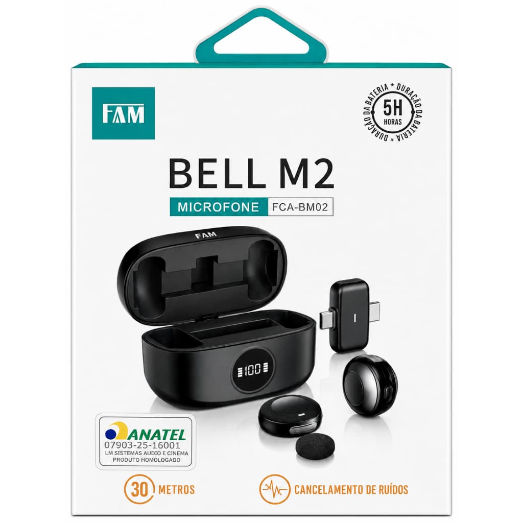 Microfone Sem Fio FAM Bell M2 USB-C Lightning Cancelamento de Ruído 30m