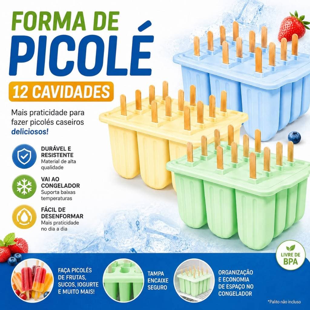 Forma de Picolé 12 Cavidades Molde Reutilizável Para Picolé Caseiro Sorvete Gourmet