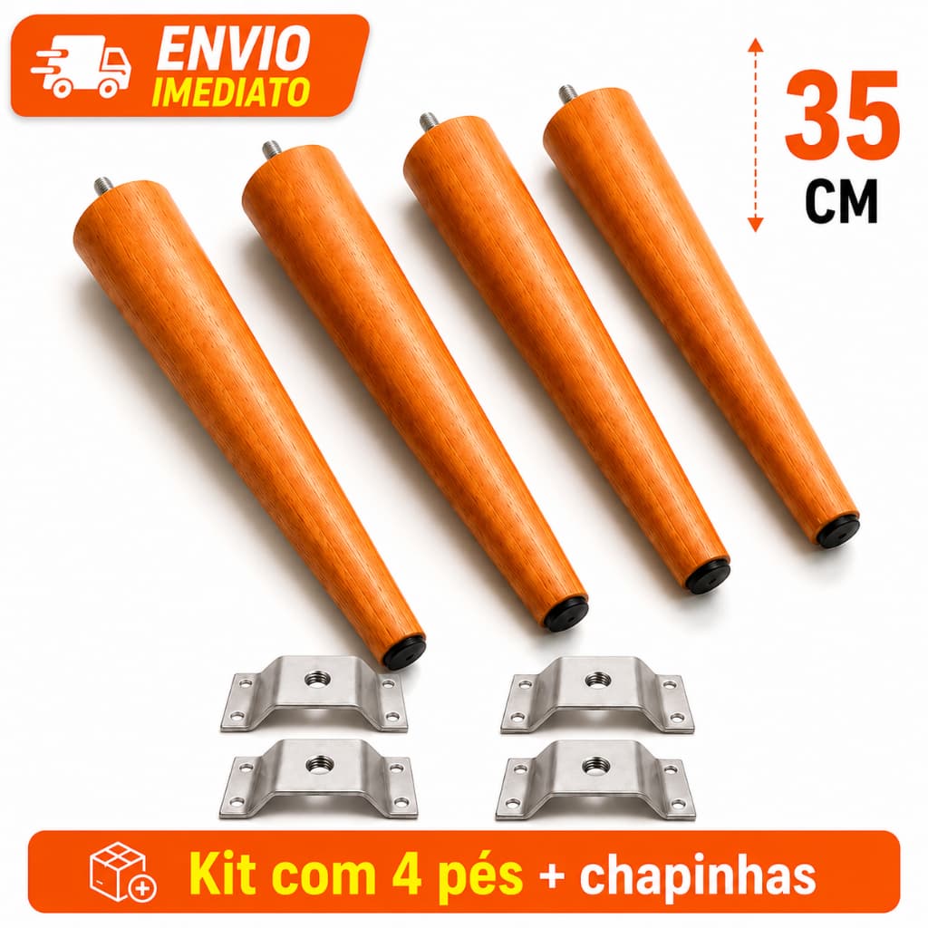 Kit Pés Palito 35cm Mel e Tabaco Madeira para Puff Poltrona Cadeira Mesas de centro