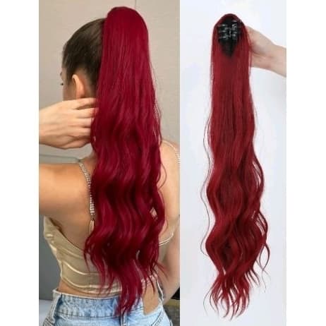Extensão Cabelo Rabo de Cavalo Vermelho Marsala com Velcro - Fibra Humanizada 65cm de Comprimento