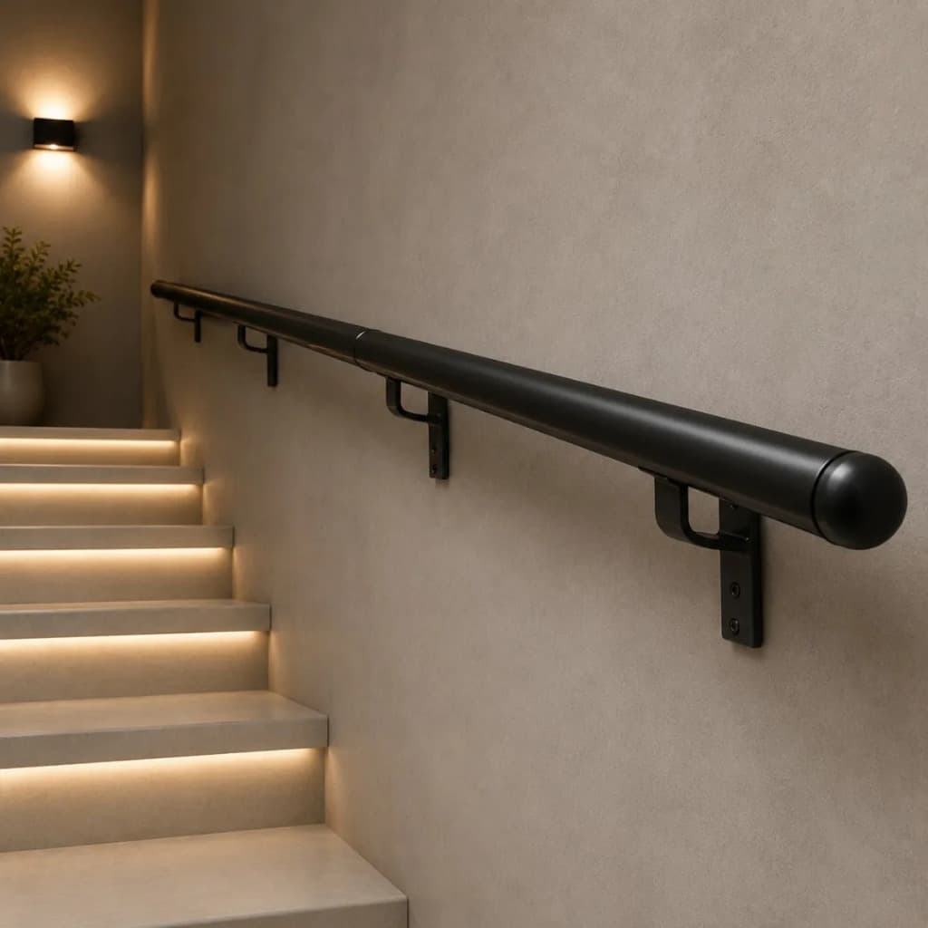 Corrimão Aluminio 1,50 metros Redondo Escada Parede Rampa Barra de Apoio Kit completo Premium Branco Preto Brilhante