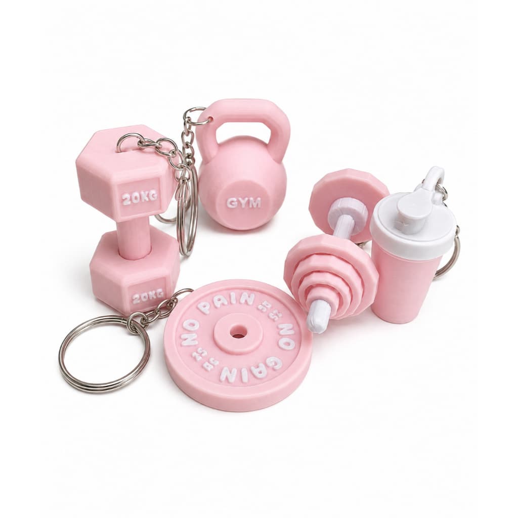 Kit 5 Chaveiros Academia Fitness Rosa Bebê – Mini Halter, Kettlebell, Barra e Shake | Presente Criativo