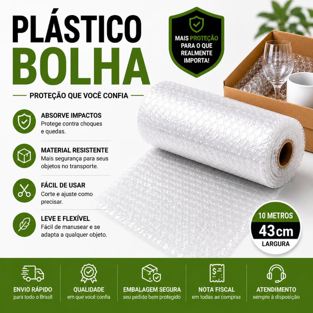 Plástico Bolha 43cm x 10m Alta Proteção Para Embalar Produtos Mudanças e Objetos Frágeis