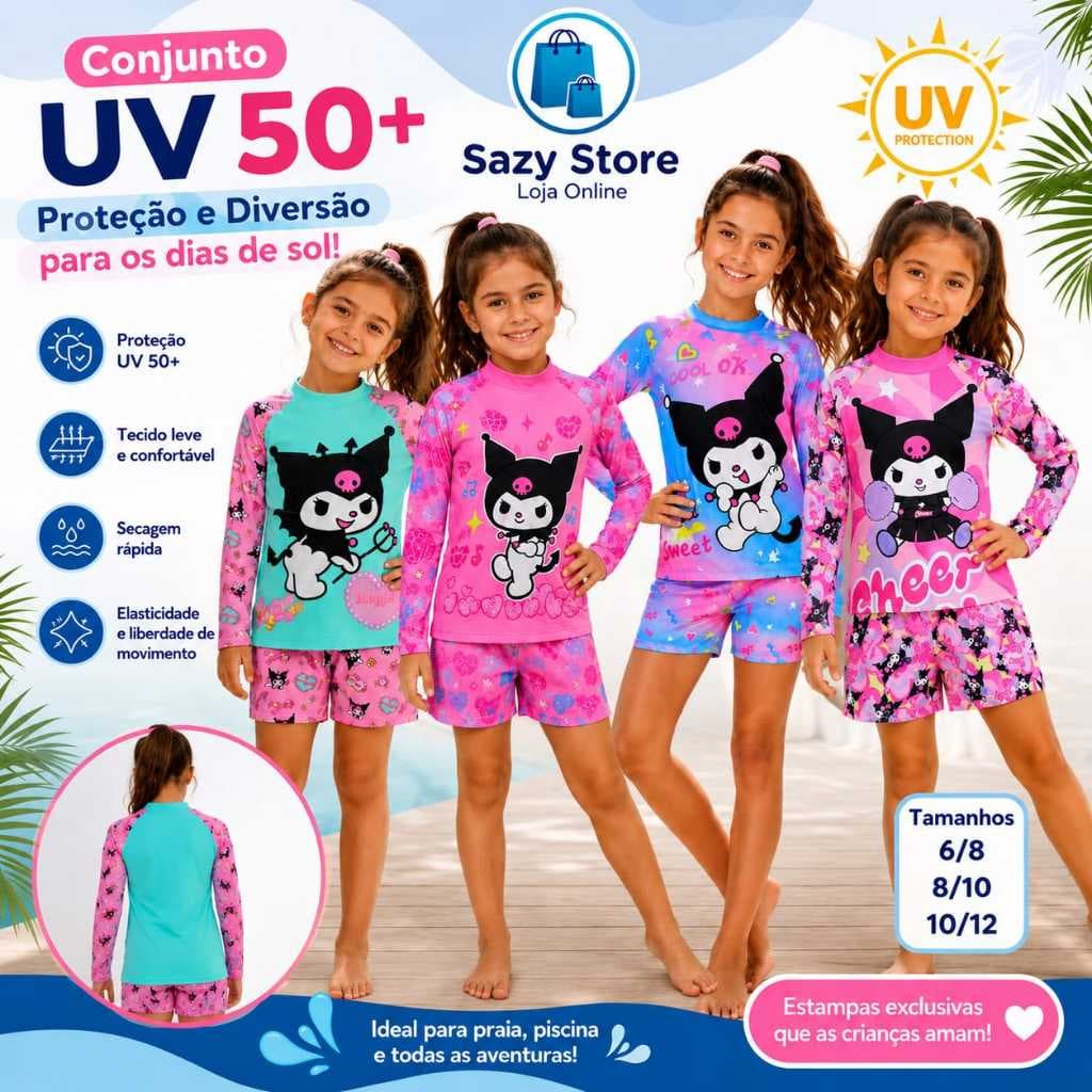 Conjunto Infantil UV50+ Kuromi Blusa Manga Longa + Short Praia Piscina Menina 6 ao 12