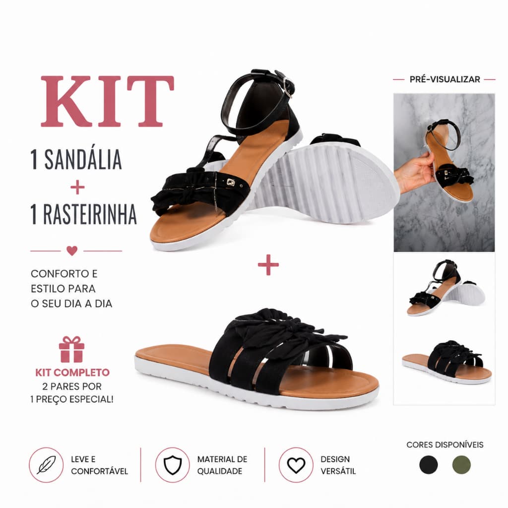 Sandália Feminina Rasteirinha Casual Básico Kit com Dois Pares Forma Normal Dia a Dia