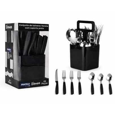 Conjunto Talheres Inox 25 Pecas Suporte Jantar Design Versátil Moderno Duravel Acabamento Preto