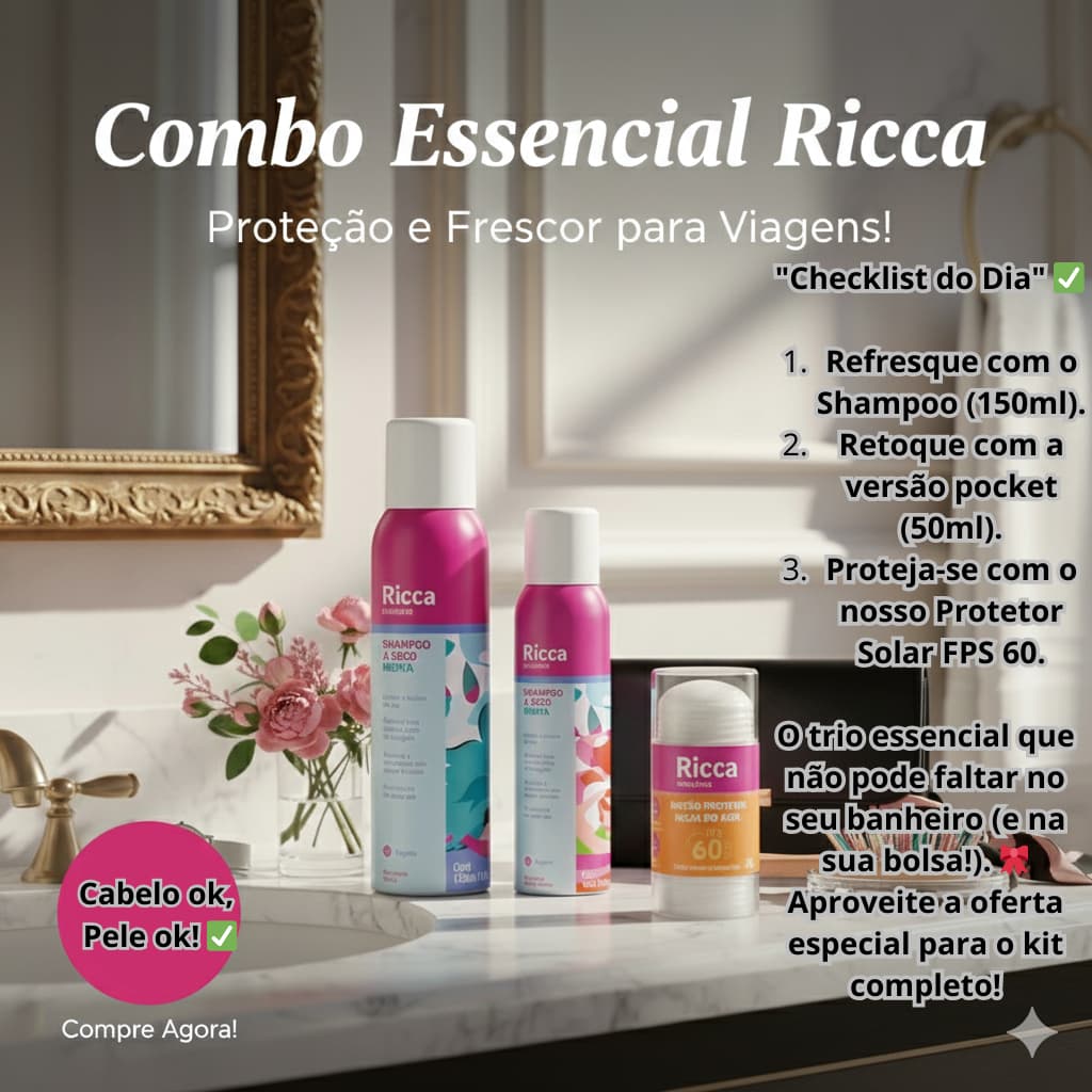 Combo Ricca Shampoo a Seco 150ml + Shampoo a Seco 50ml + Bastão Protetor Solar FPS 60