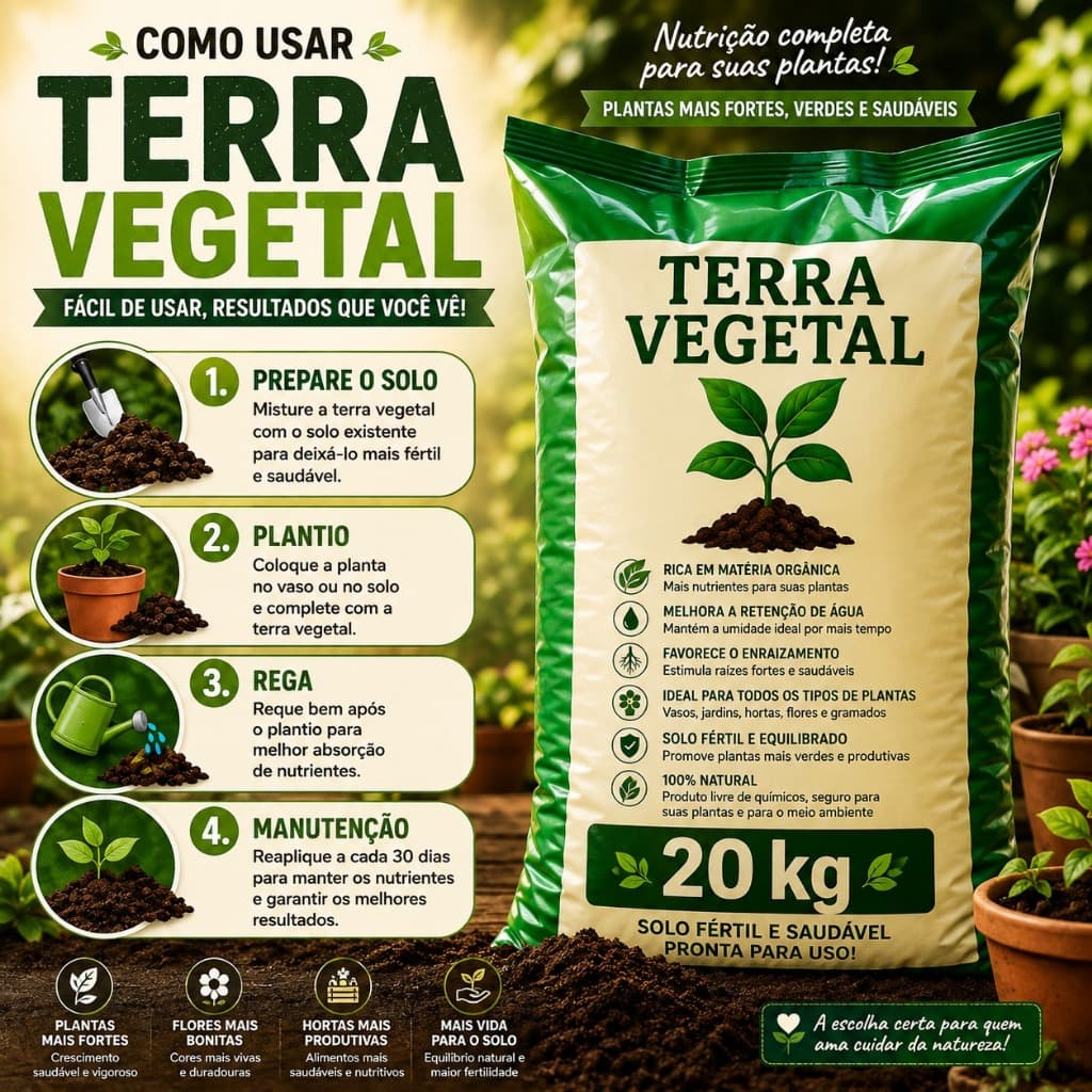 Terra Vegetal Premium 20kg Solo Fértil Adubada Orgânica para Jardim Horta Vasos Plantio