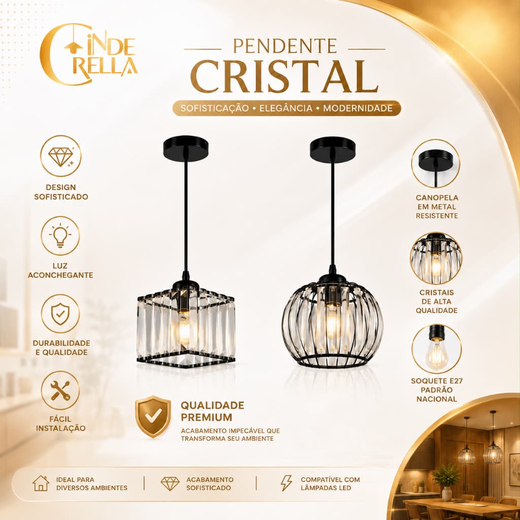 Pendente Decorativo Cristal Quadrado ou Redondo Preto E27 com Lâmpada LED 3 Cores Bivolt Moderno