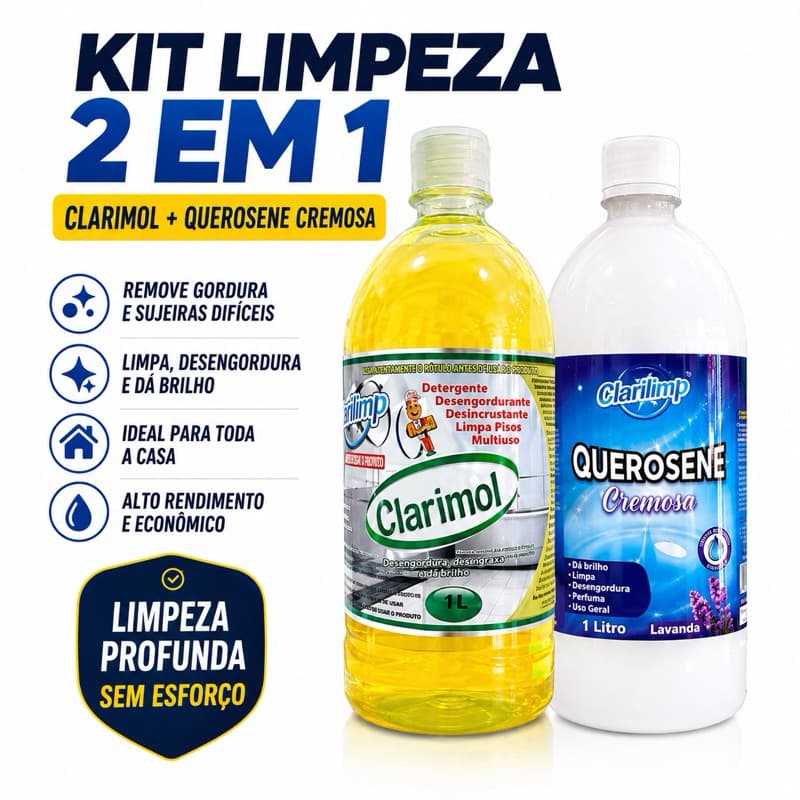 Kit Limpeza Completa 2 em 1 | Limpa Pisos, Vidros, Móveis, Cozinha e Banheiro | Desengordurante + Querosene Cremosa