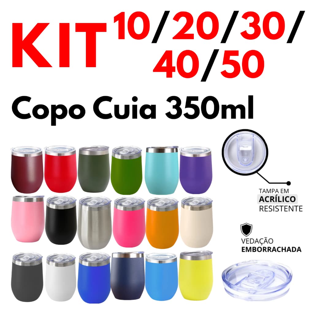 Kit 10/20/30/40/50 Copo Térmico Cuia 350ml Atacado Revenda Inox Tampa Acrílica Antivazamento