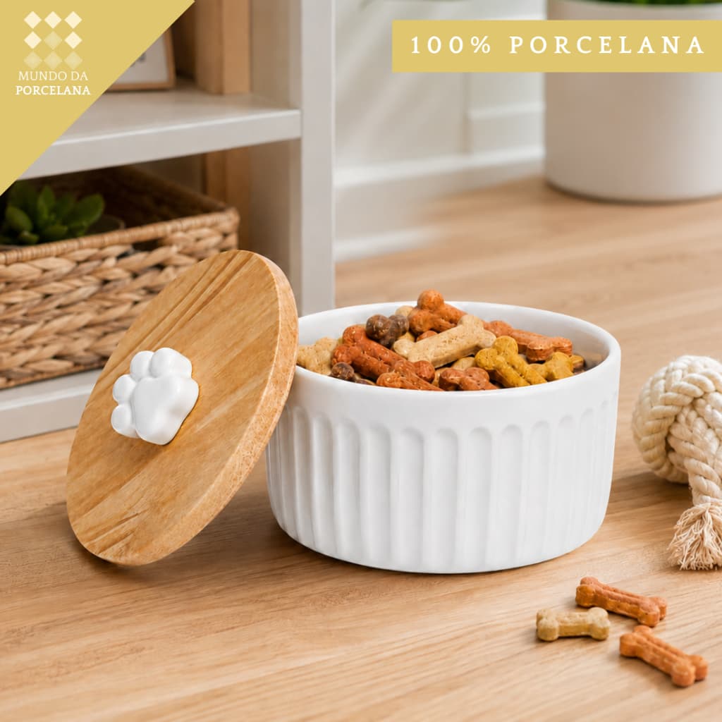 Porta Petiscos Comedouro Porcelana E Tampa Pet Tigela Guarda Petisco Ração Para Pet