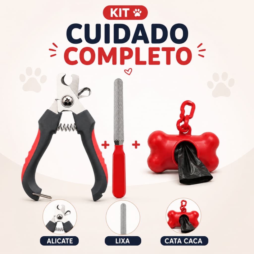 Kit Pet Alicate Cortador de Unhas com Lixa e Cata Caca para Cachorros e Gatos