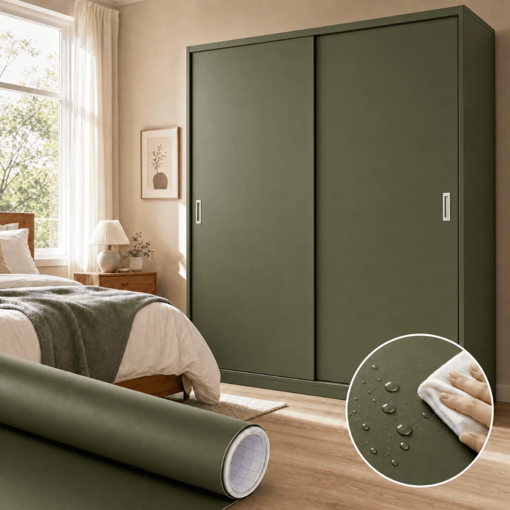 Papel de Parede Adesivo Vinílico Fosco Verde Musgo 50cm Lavável Envelopar Móveis Armário Cozinha