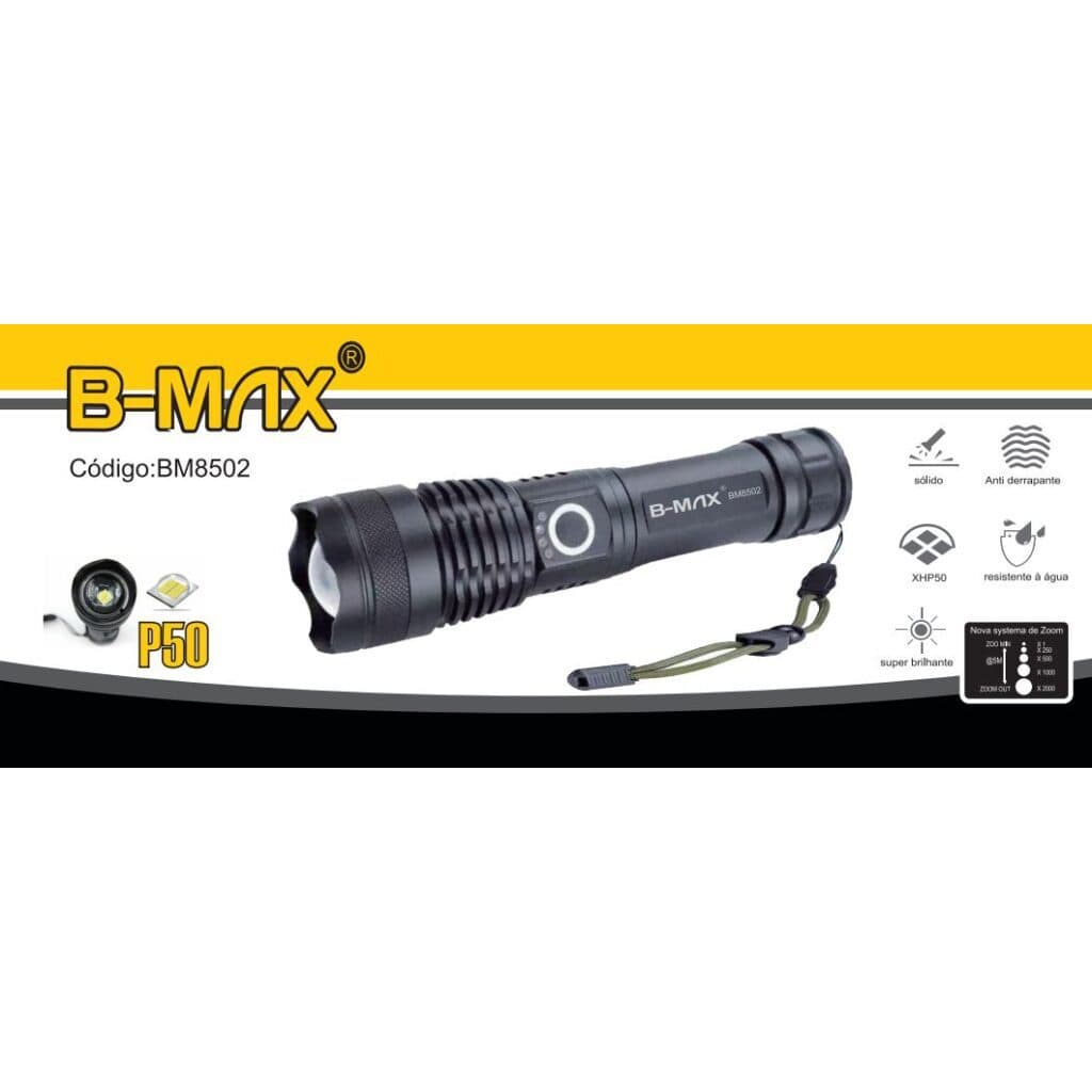 Lanterna Tática LED Recarregável B-Max 2000m+ com Zoom Ajustável BM-8534