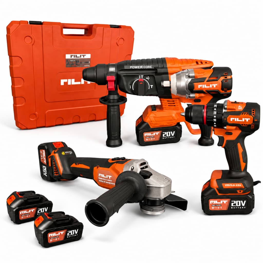 Kit Multi Ferramentas Brushless 4 em 1 RILIT 20V 2 Baterias Bivolt + Maleta Completa