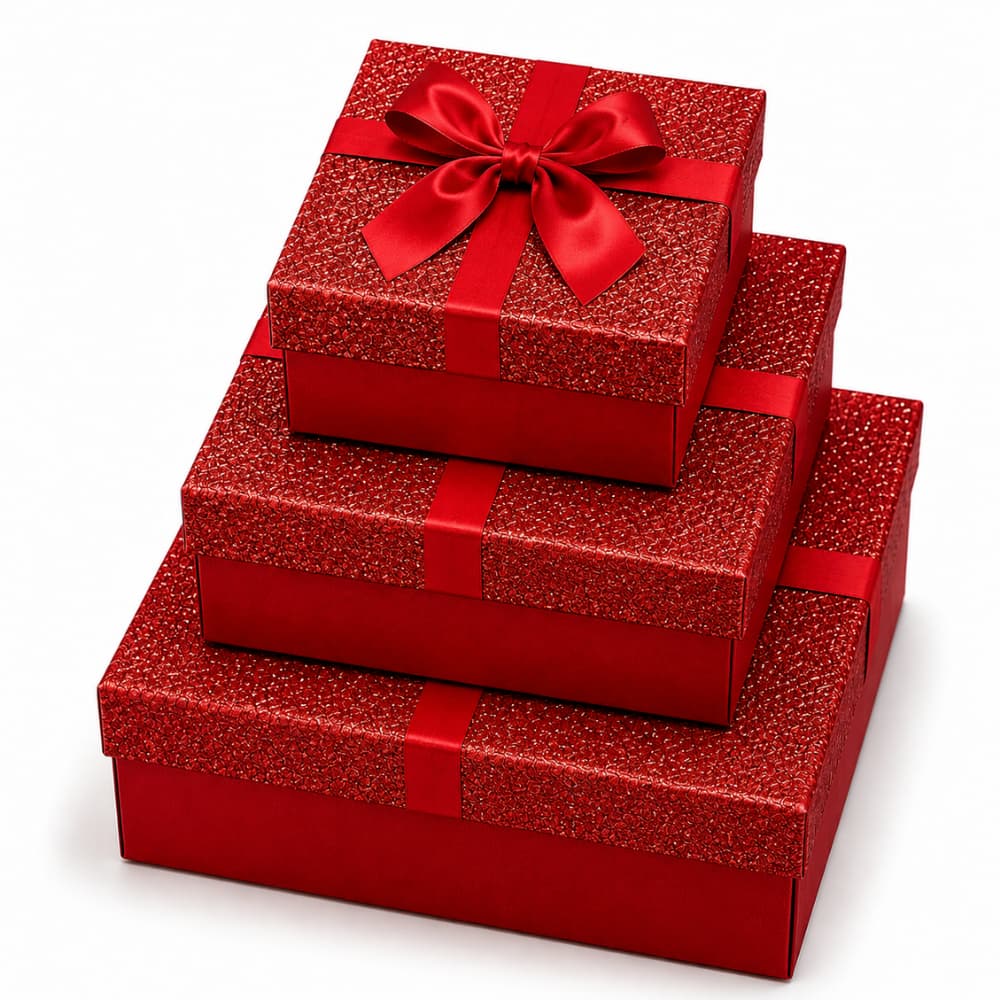 Kit 3 Caixa De Presente Com Glitter Tampa E Laço De Cetim Decorativa Pequena Média E Grande Embalagem Natal