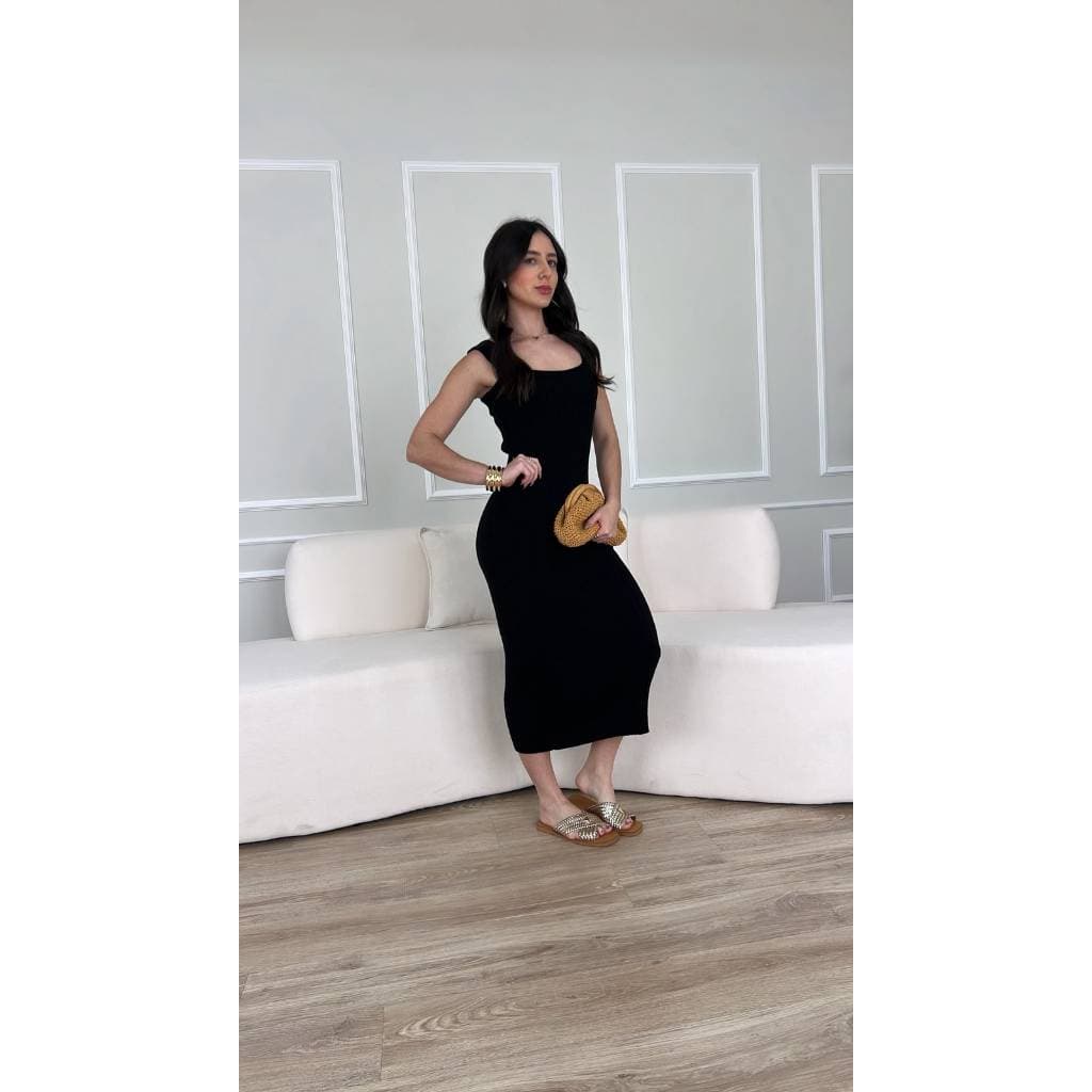Vestido Midi Canelado Alça Grossa Básico Tricot Verão