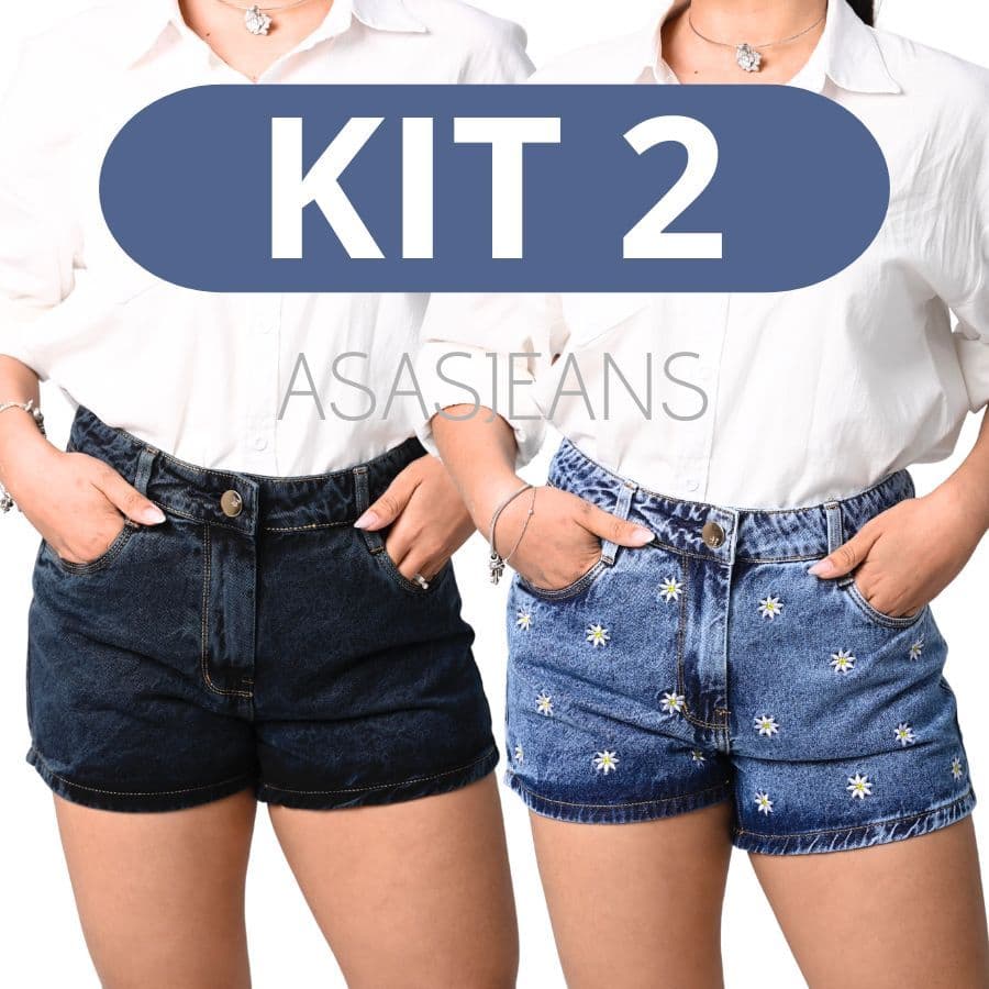 Kit 2 Shorts Jeans 54 ao 36 Bordado Sem Elastano 100% Algodão Cintura Alta