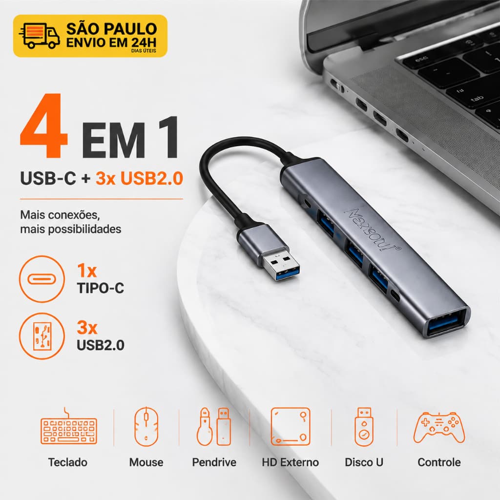Hub USB Tipo C 4 em 1 Adaptador USB 2.0 para Notebook PC Macbook com 3 Portas USB