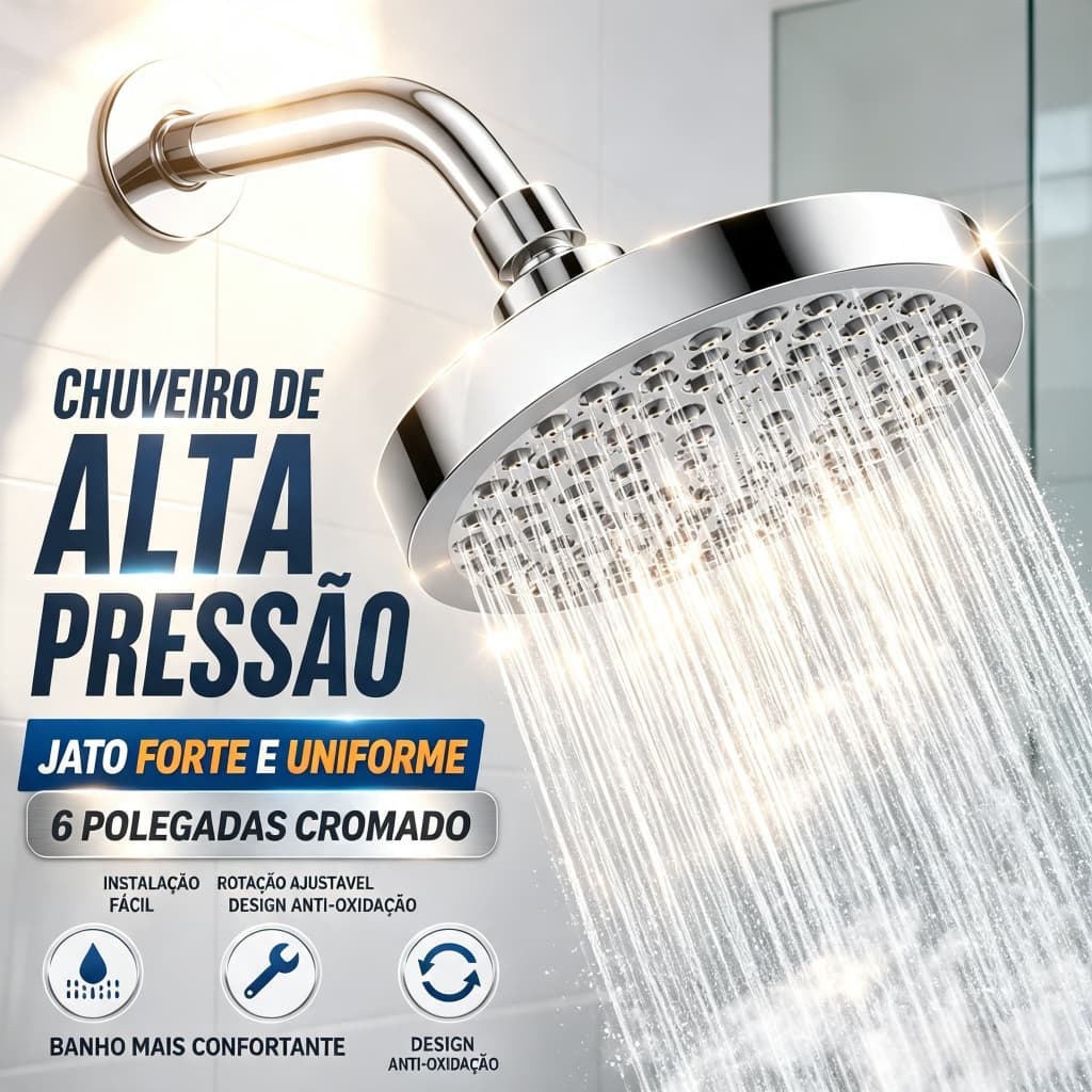 Chuveiro Ducha Redonda 6 Pol Cromada – Alta Pressão 360°, Jato Uniforme, Economia de Água, com Filtro S2
