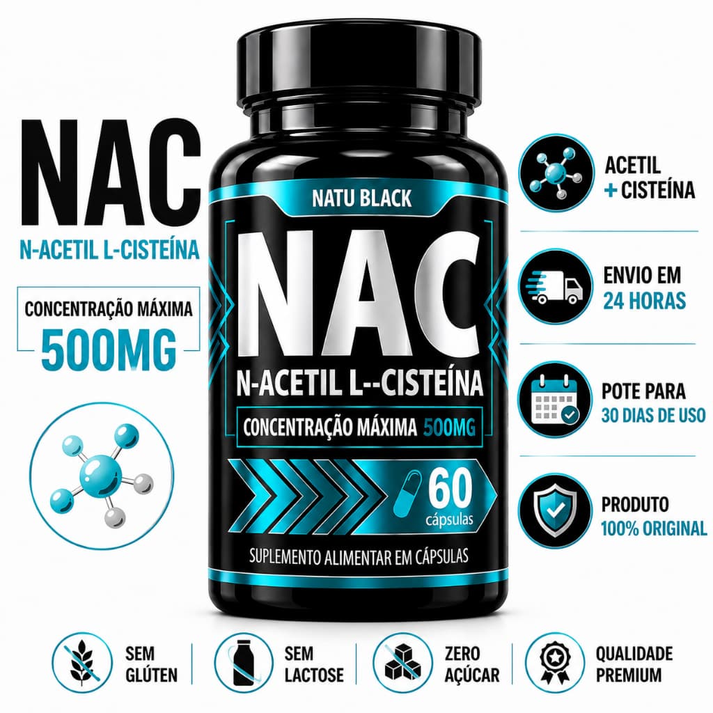 NAC 500mg N-Acetil L-Cisteína 60 Cápsulas | Suplemento Alimentar NATU BLACK