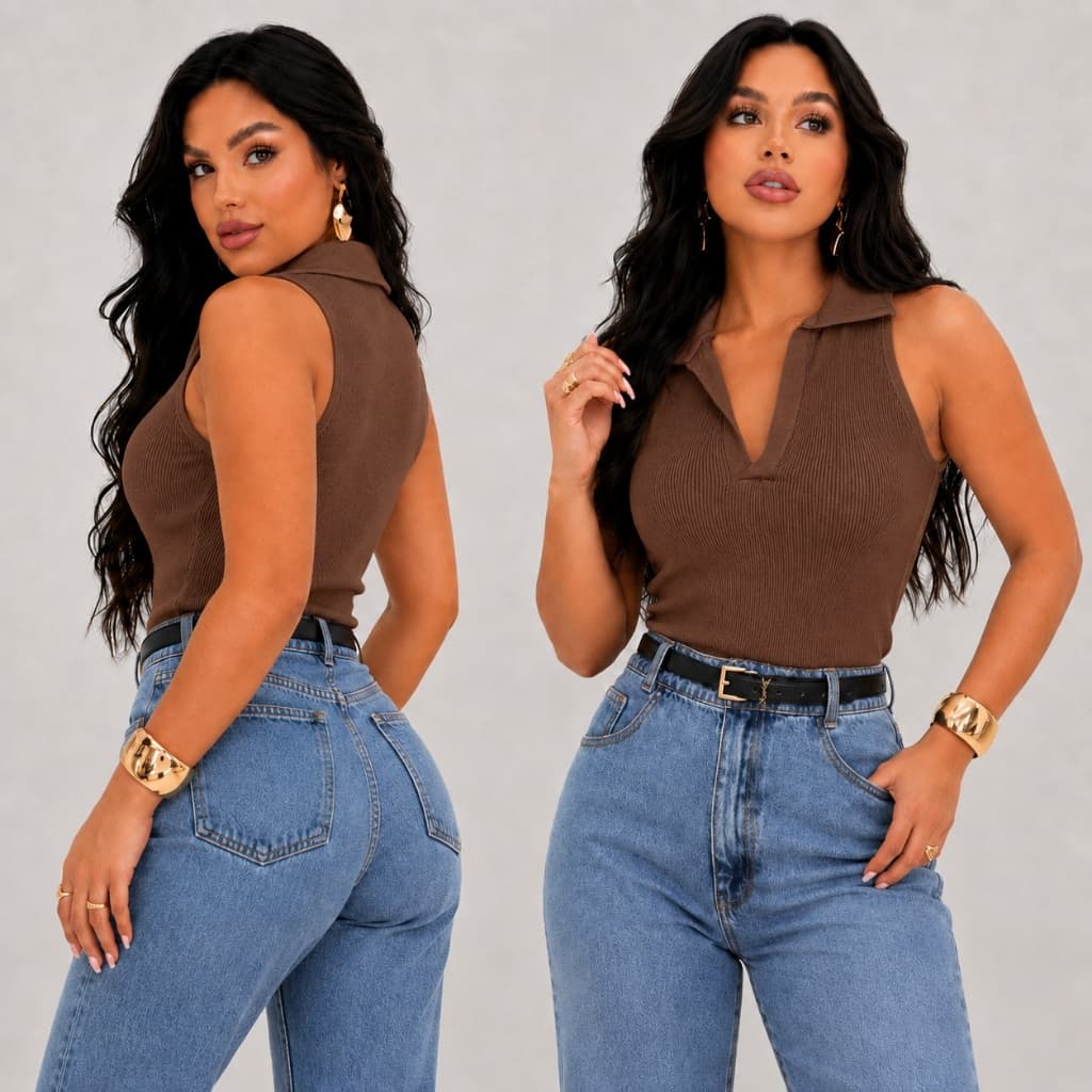 Blusa Regata Canelada  Feminina Camisa Gola Polo Básica Liso Casual Camiseta Moderna Tendência.