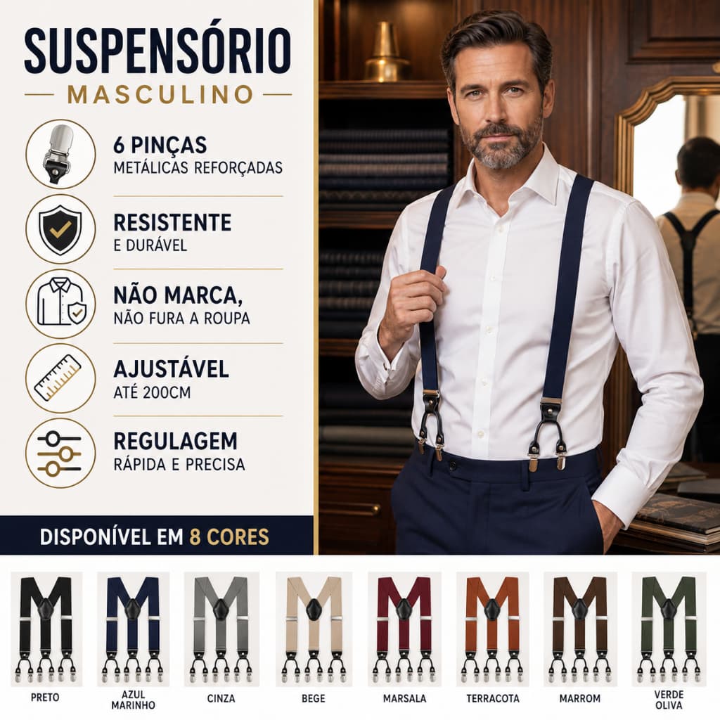 SUSPENSÓRIO MASCULINO LARGO LUXO 6 PONTAS ELÁSTICO REFORÇADO - Trabalho Casamento Formatura Igreja