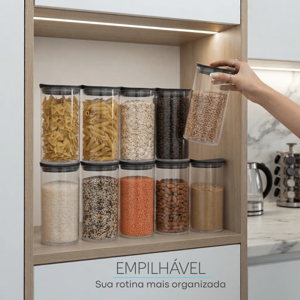 Kit 10 Potes Organizador Herméticos Acrílico Transparentes Empilháveis Mantimentos Porta Mantimentos Cozinha Modular