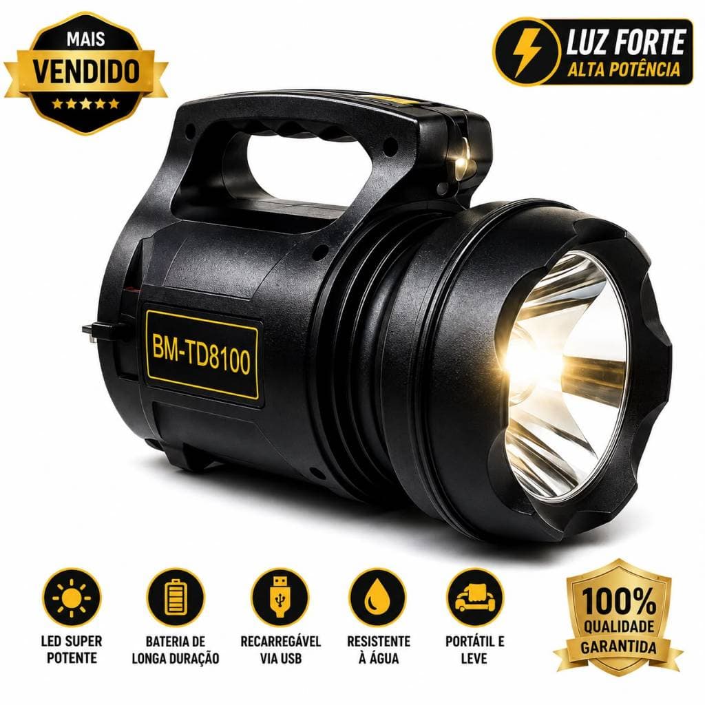 Lanterna Holofote LED Recarregável USB Camping Pesca Trilha Emergência Luz Forte Alta Potência Portátil BM-TD8100