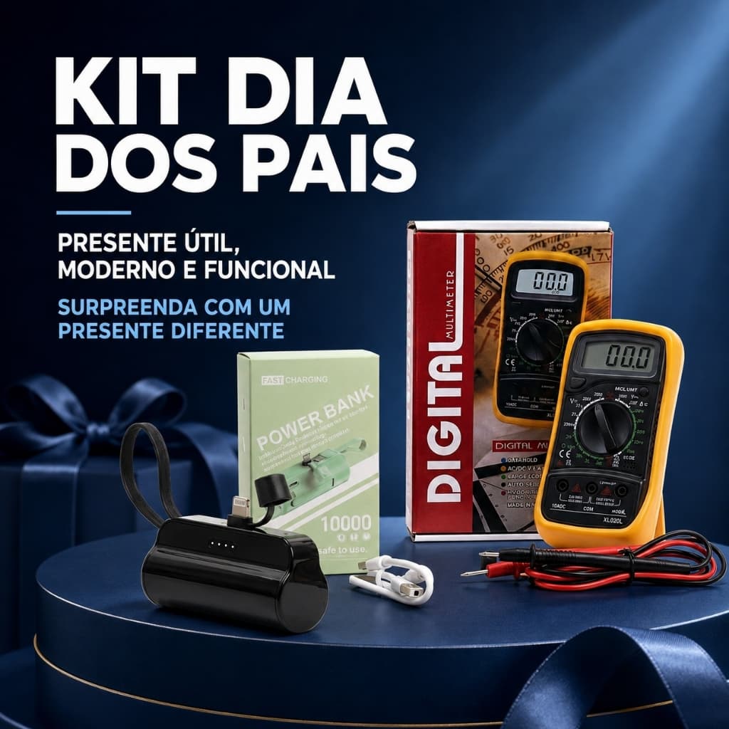Kit Dia dos Pais Mini Power Bank 10000mAh + Multímetro Digital com Cabos e Bateria
